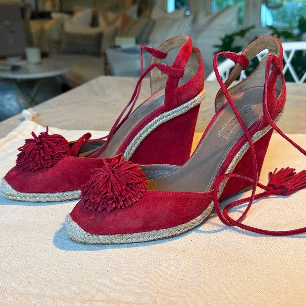 AQUAZZURA Sunshine Pompom Red Suede Wedge Sandal Espadrille US 7/7.5 / EU 37.5 - Picture 8 of 10